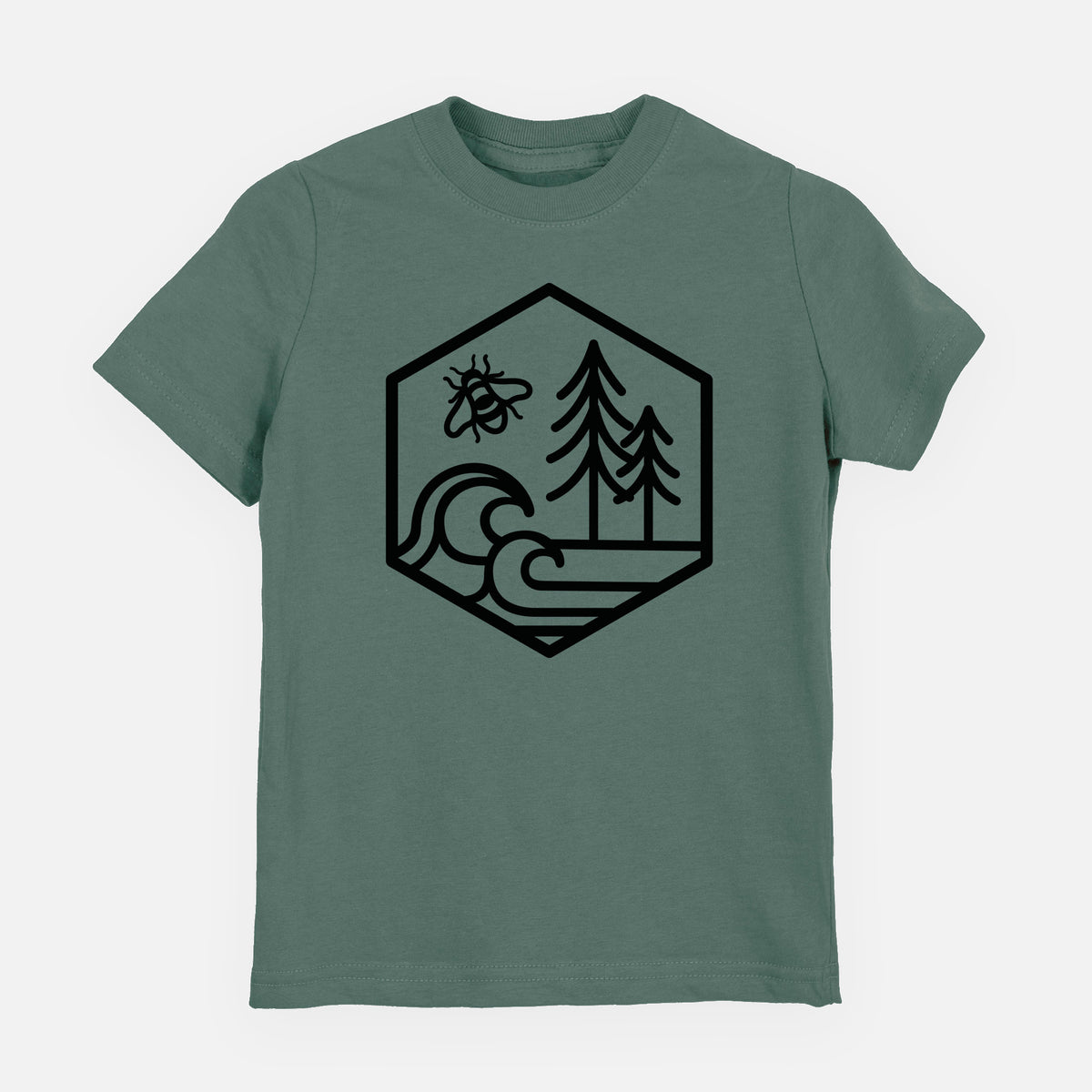 Basil green youth t-shirt laid flat, printed with a black line art hexagon holding a bee, ocean waves and pine trees.