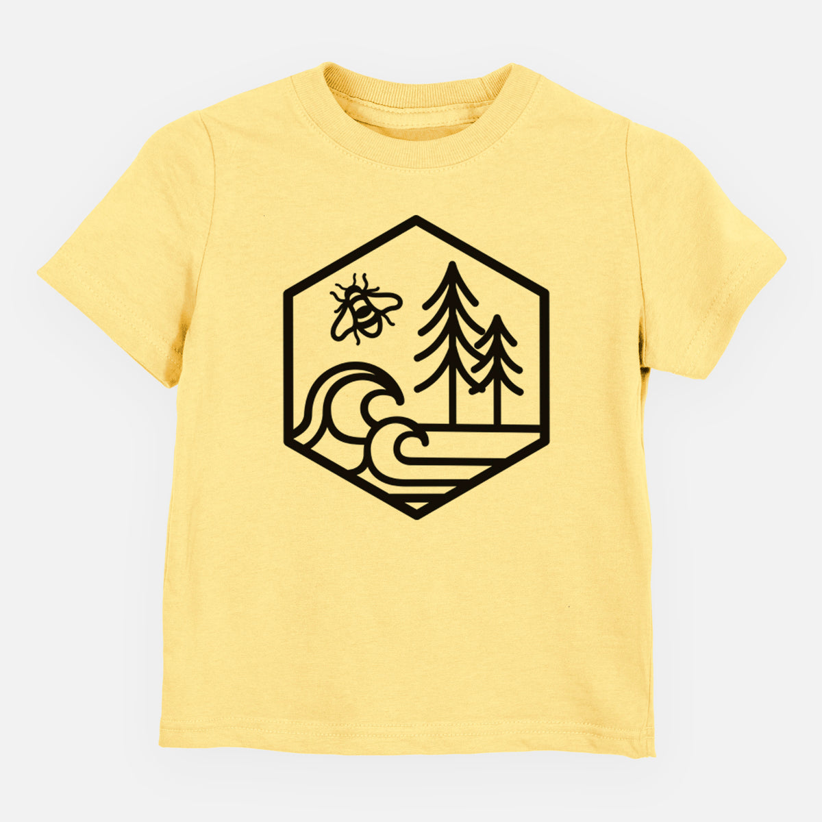 Butter yellow toddler t-shirt laid flat, printed with a black line art hexagon holding a bee, ocean waves and pine trees.