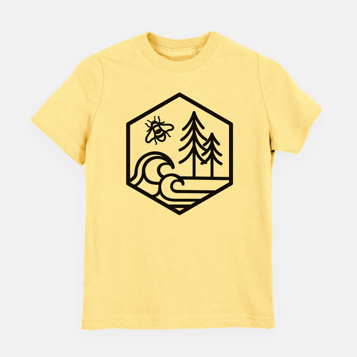 Butter yellow youth t-shirt laid flat, printed with a black line art hexagon holding a bee, ocean waves and pine trees.
