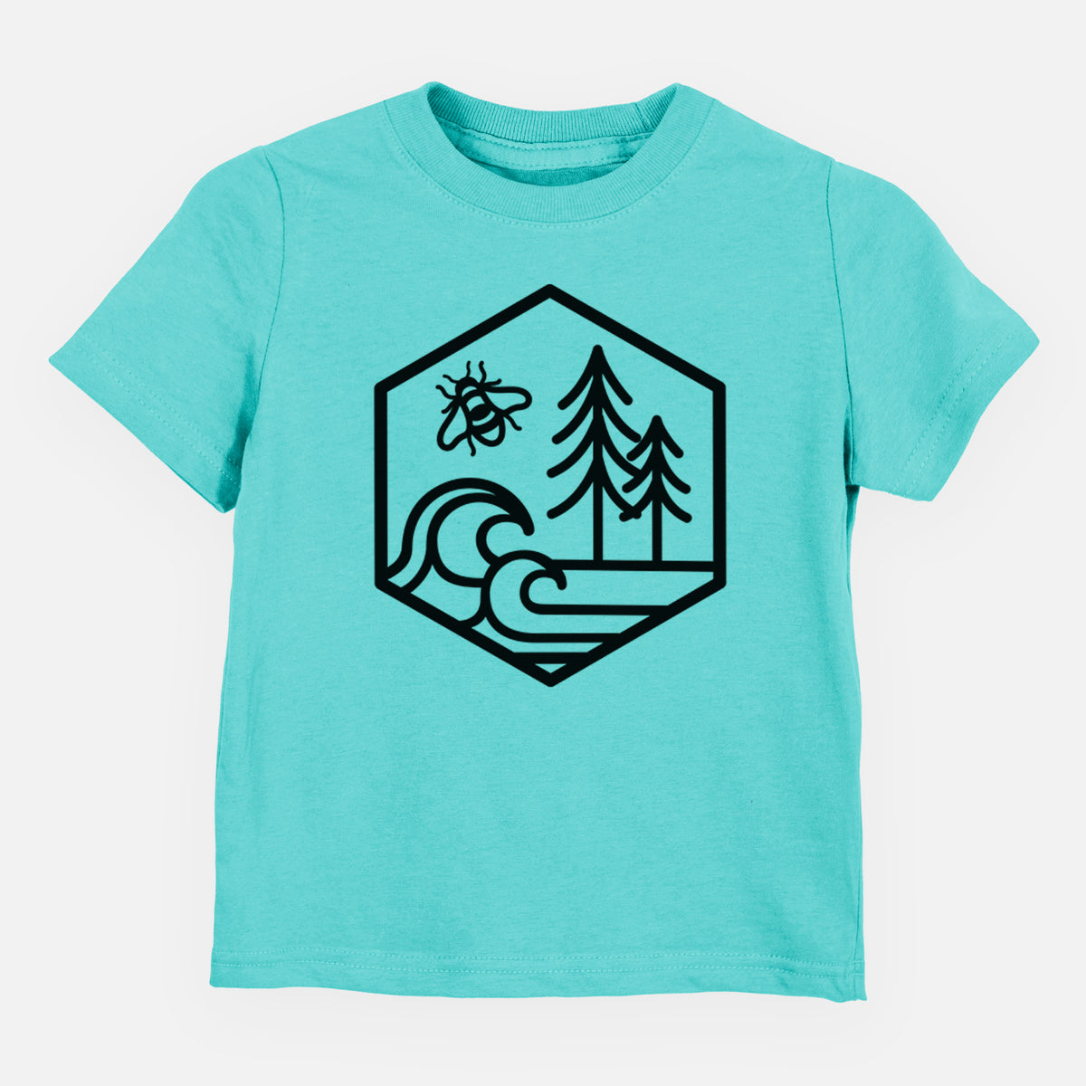 Caribbean blue toddler t-shirt laid flat, printed with a black line art hexagon holding a bee, ocean waves and pine trees.