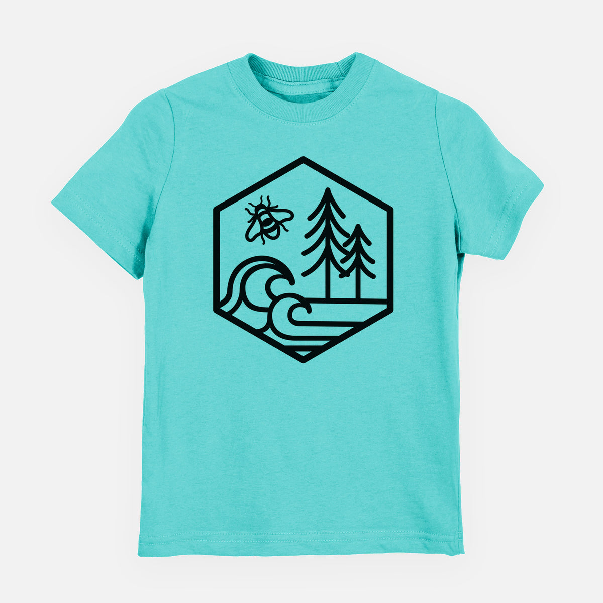 Caribbean blue youth t-shirt laid flat, printed with a black line art hexagon holding a bee, ocean waves and pine trees.