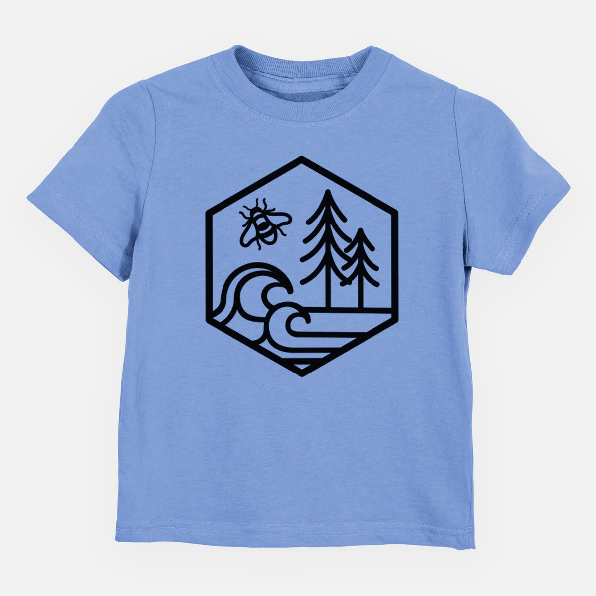 Carolina blue toddler t-shirt laid flat, printed with a black line art hexagon holding a bee, ocean waves and pine trees.