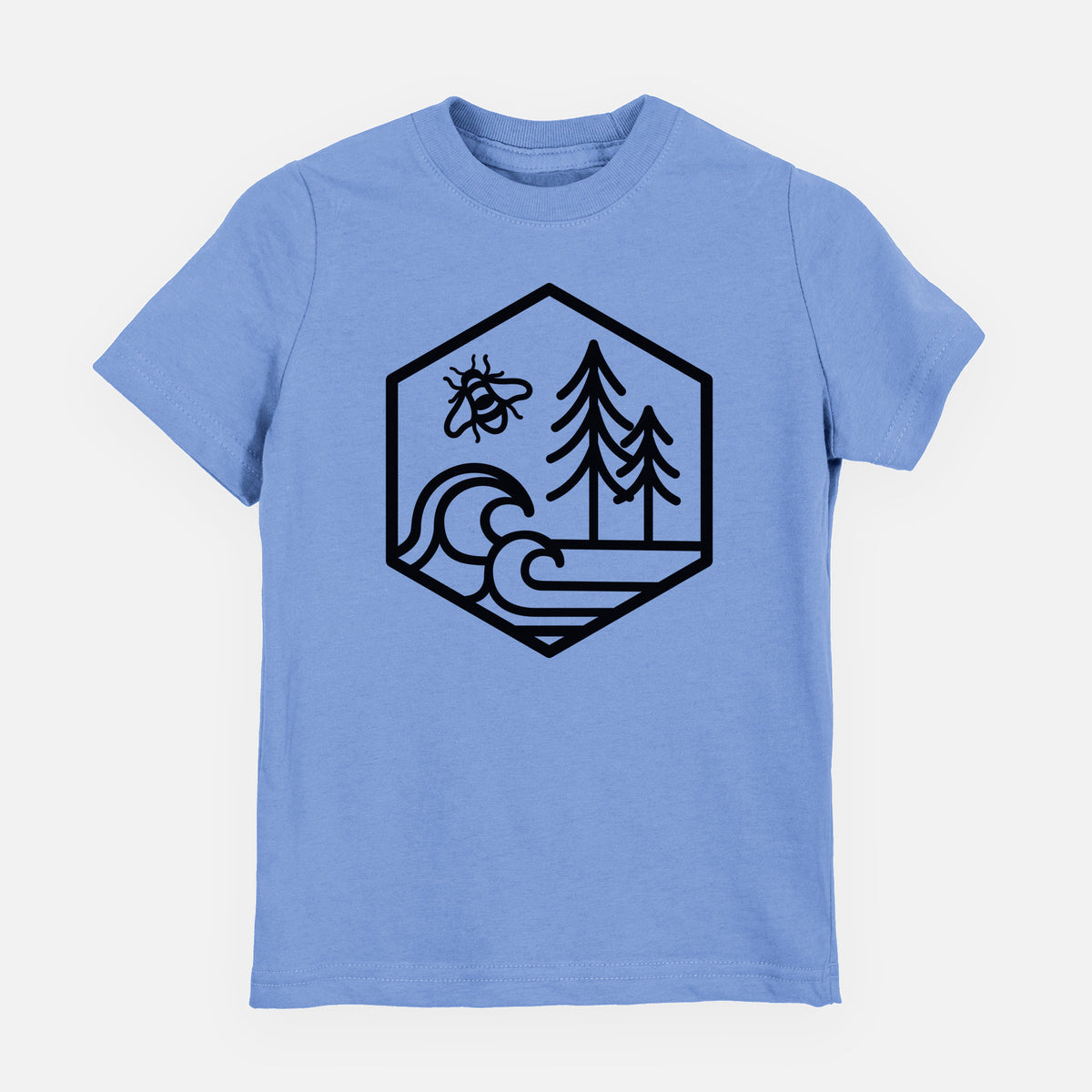 Carolina blue youth t-shirt laid flat, printed with a black line art hexagon holding a bee, ocean waves and pine trees.
