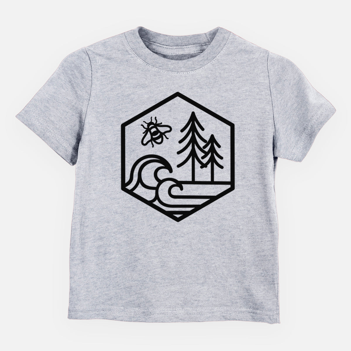 Heather grey toddler t-shirt laid flat, printed with a black line art hexagon holding a bee, ocean waves and pine trees.