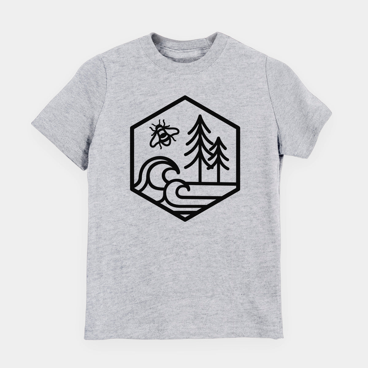 Heather grey youth t-shirt laid flat, printed with a black line art hexagon holding a bee, ocean waves and pine trees.