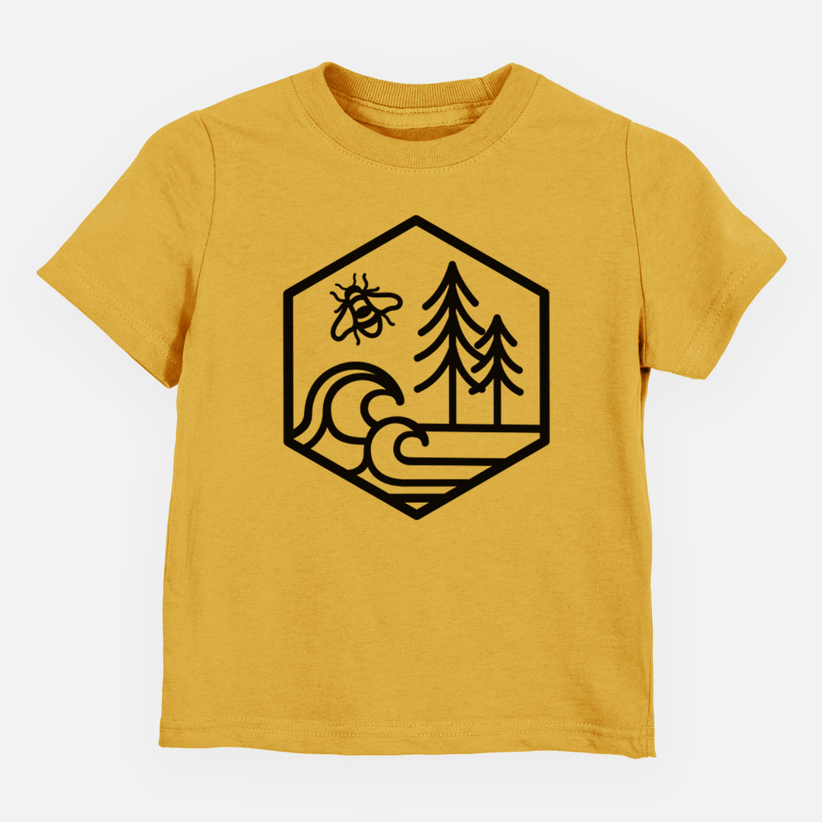 Honeycomb yellow toddler t-shirt laid flat, printed with a black line art hexagon holding a bee, ocean waves and pine trees.
