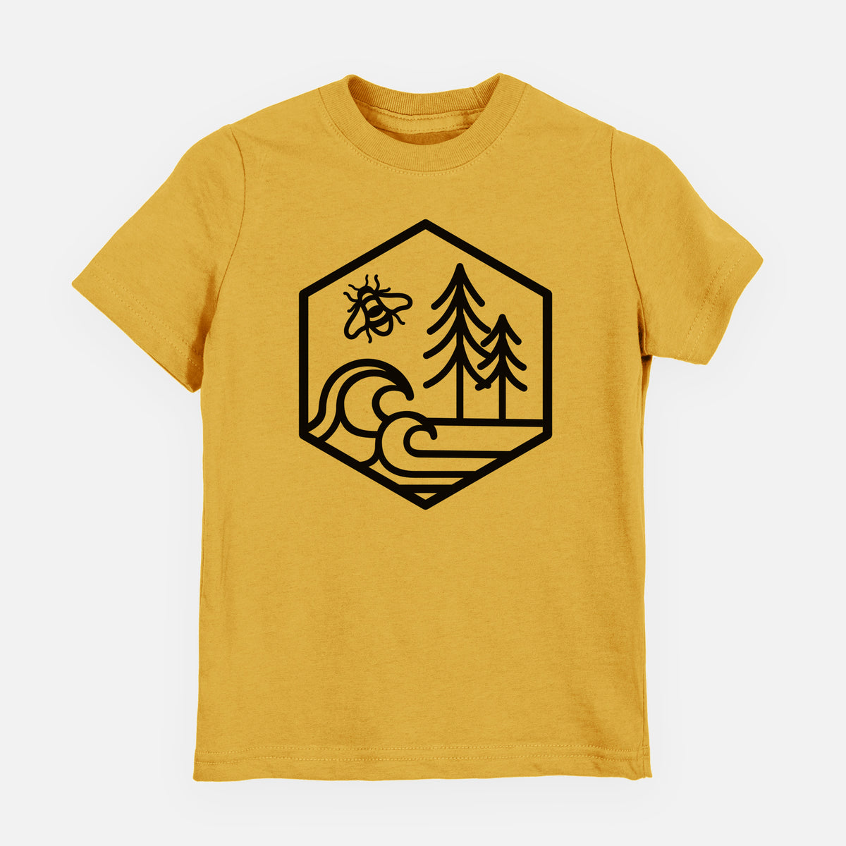 Honeycomb yellow youth t-shirt laid flat, printed with a black line art hexagon holding a bee, ocean waves and pine trees.