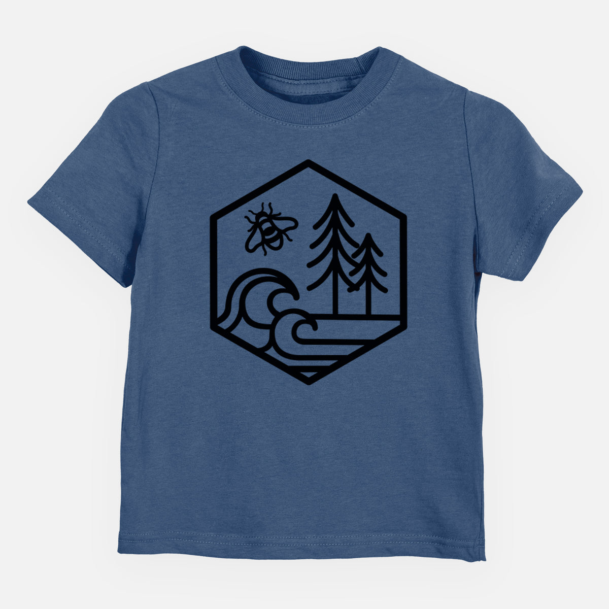 Indigo blue toddler t-shirt laid flat, printed with a black line art hexagon holding a bee, ocean waves and pine trees.