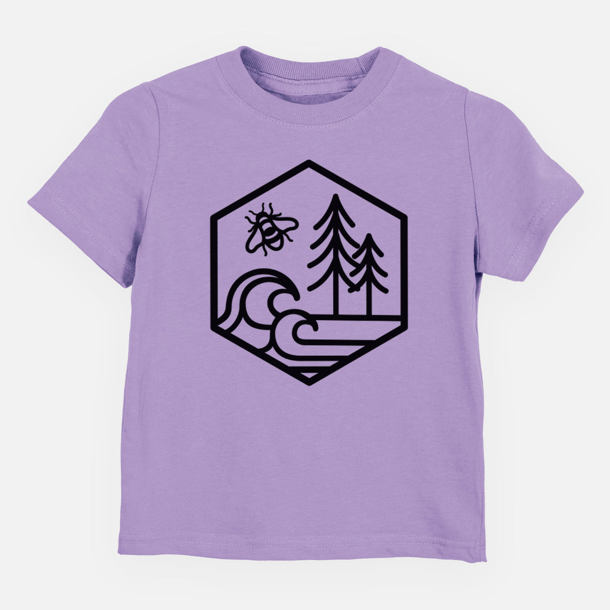 Lavender toddler t-shirt laid flat, printed with a black line art hexagon holding a bee, ocean waves and pine trees.