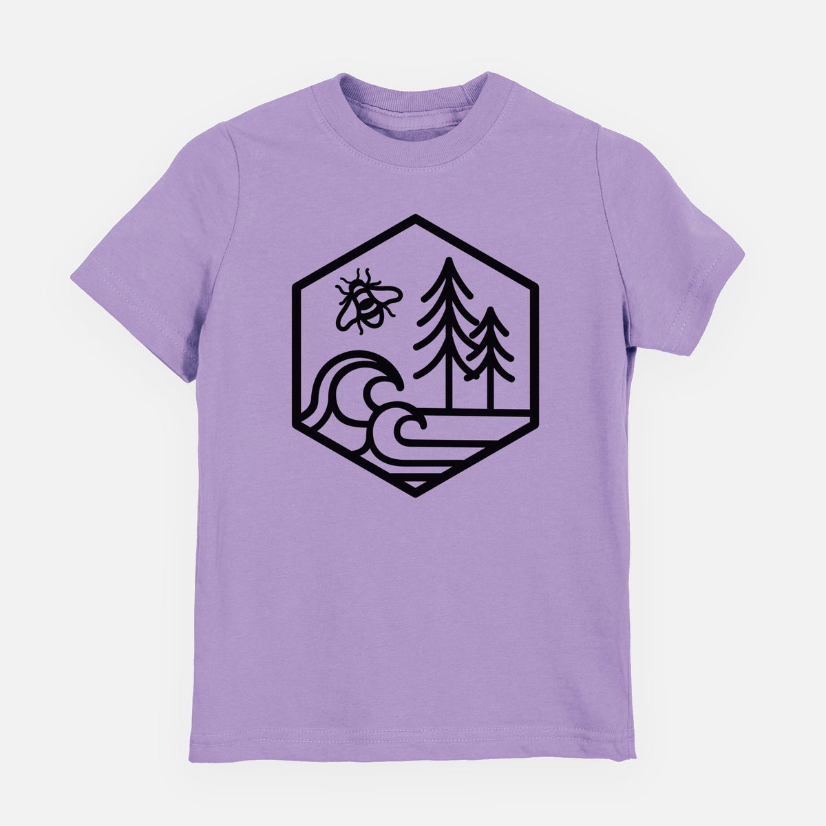 Lavender youth t-shirt laid flat, printed with a black line art hexagon holding a bee, ocean waves and pine trees.