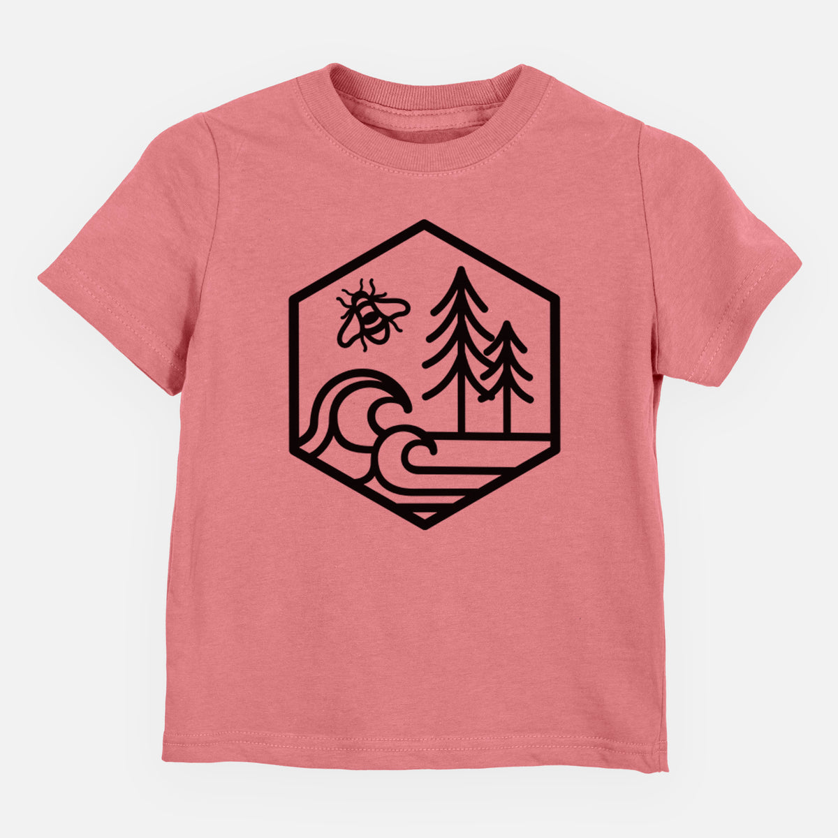 Mauve pink toddler t-shirt laid flat, printed with a black line art hexagon holding a bee, ocean waves and pine trees.