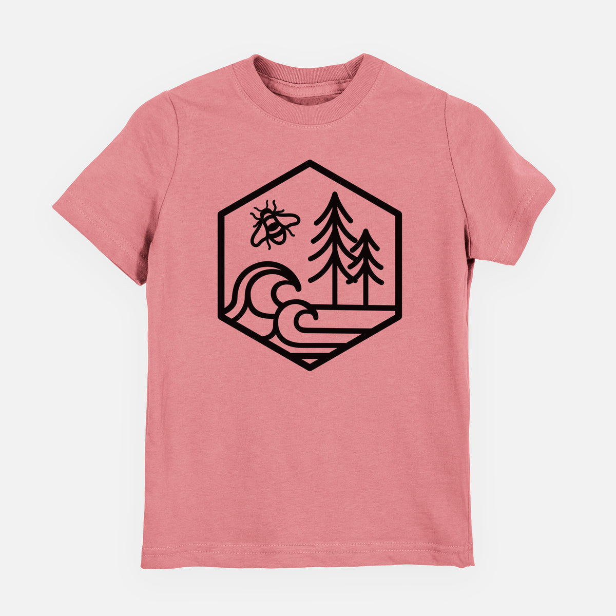 Mauve pink youth t-shirt laid flat, printed with a black line art hexagon holding a bee, ocean waves and pine trees.