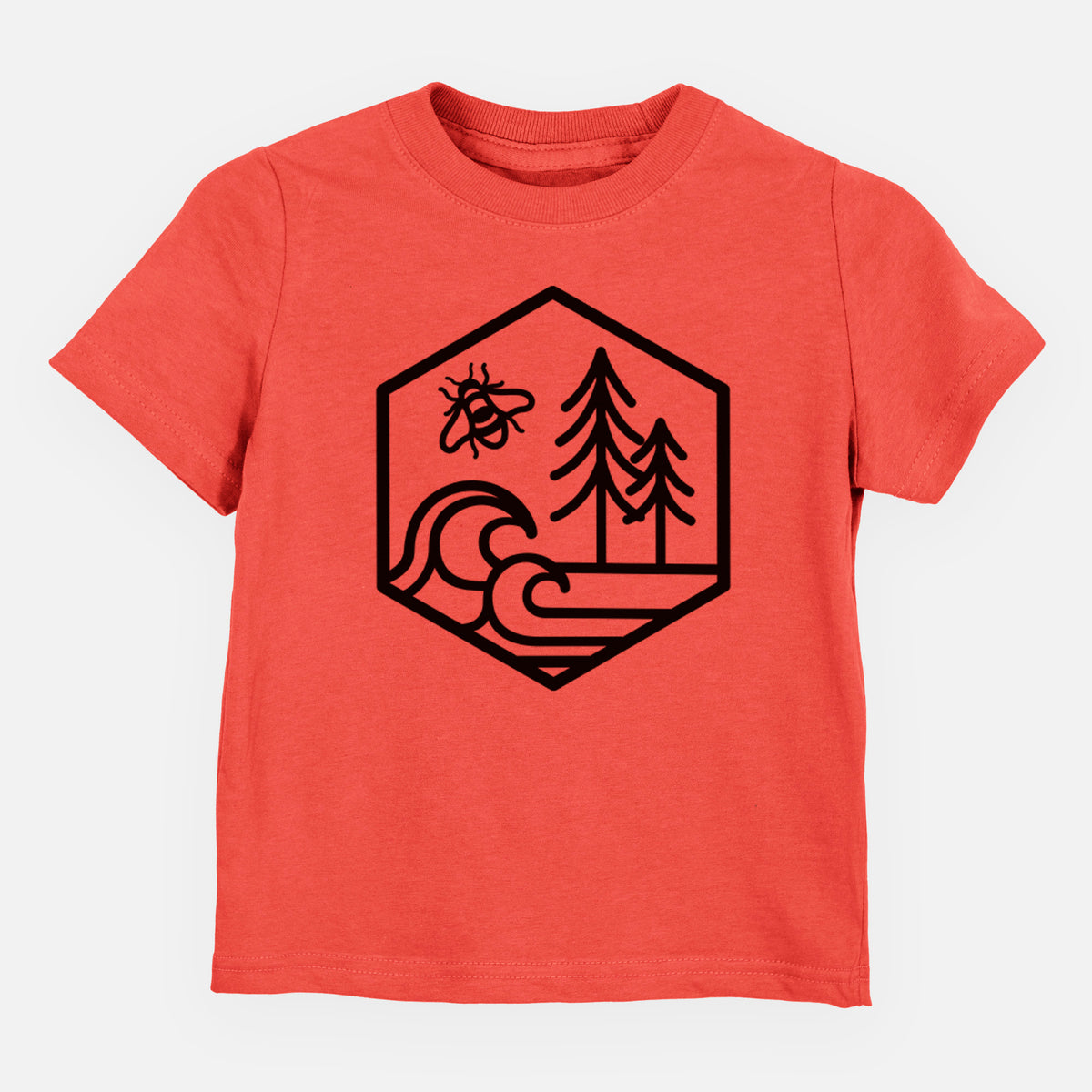 Passionfruit pink toddler t-shirt laid flat, printed with a black line art hexagon holding a bee, ocean waves and pine trees.