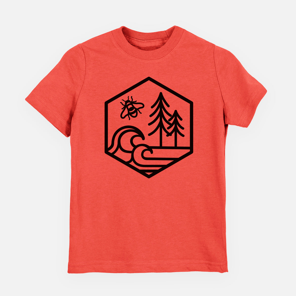 Passionfruit pink youth t-shirt laid flat, printed with a black line art hexagon holding a bee, ocean waves and pine trees.