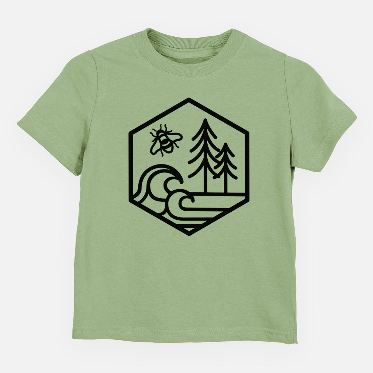 Sage green toddler t-shirt laid flat, printed with a black line art hexagon holding a bee, ocean waves and pine trees.