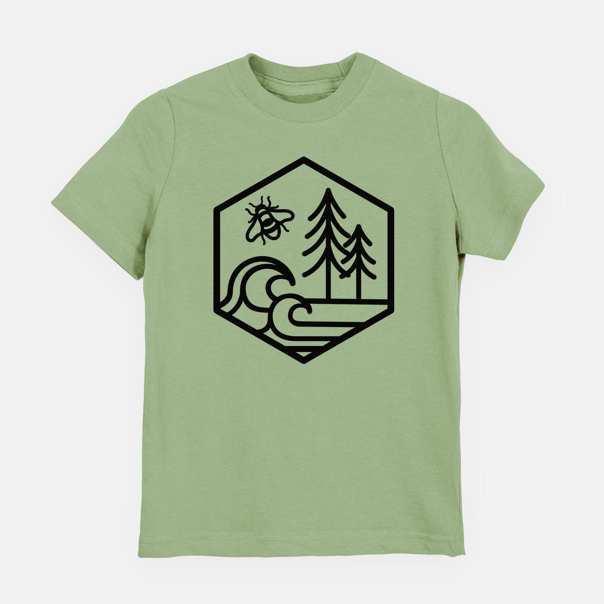 Sage green youth t-shirt laid flat, printed with a black line art hexagon holding a bee, ocean waves and pine trees.