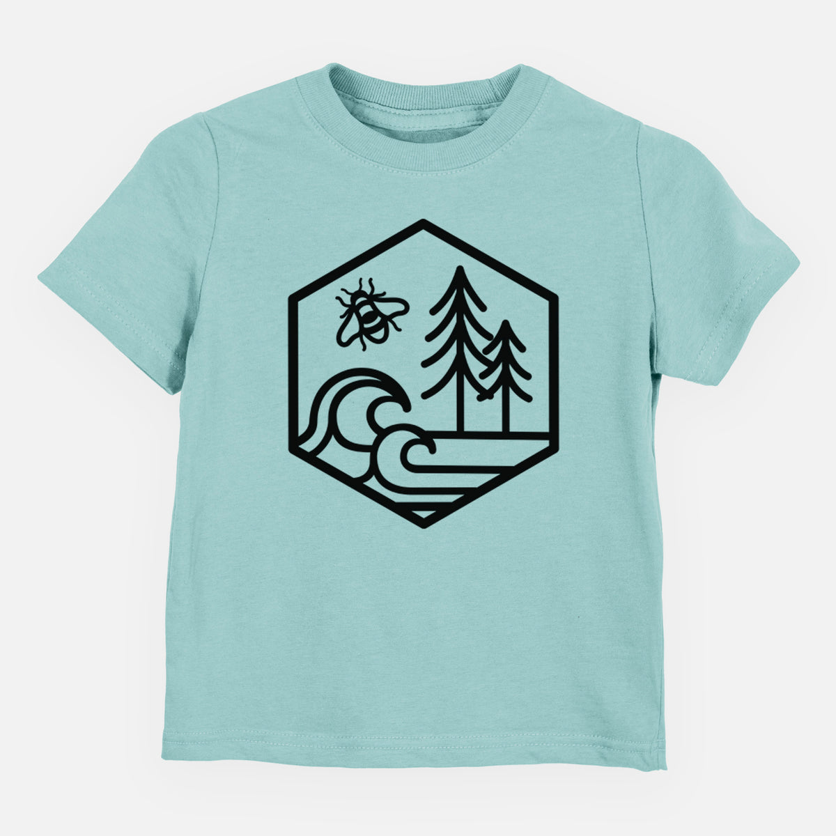 Saltwater toddler t-shirt laid flat, printed with a black line art hexagon holding a bee, ocean waves and pine trees.