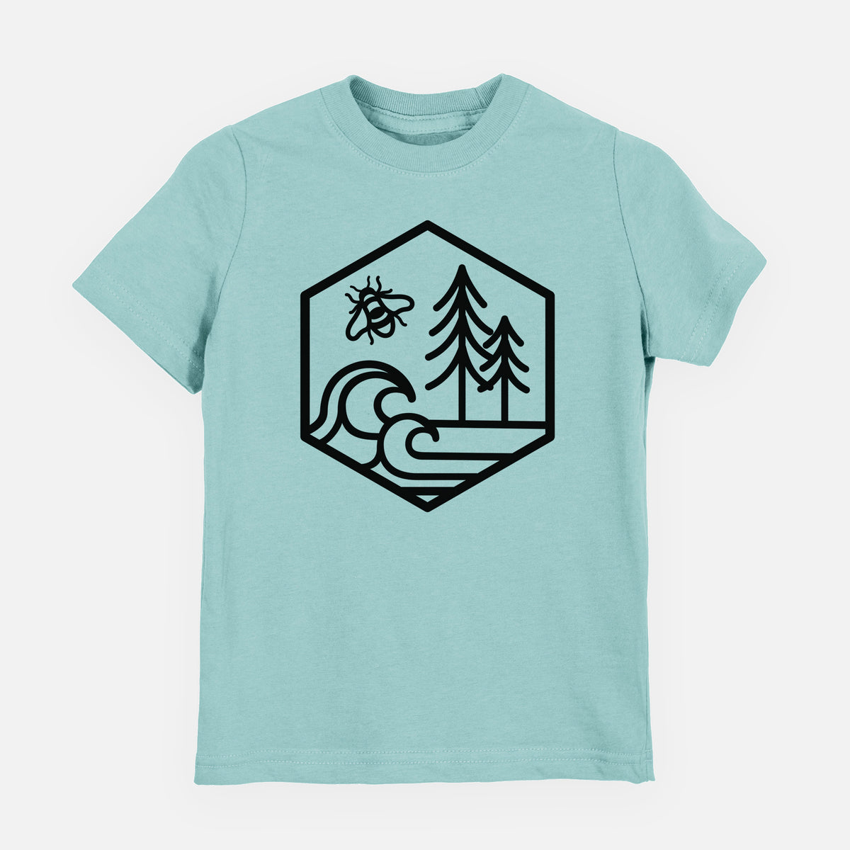 Saltwater youth t-shirt laid flat, printed with a black line art hexagon holding a bee, ocean waves and pine trees.