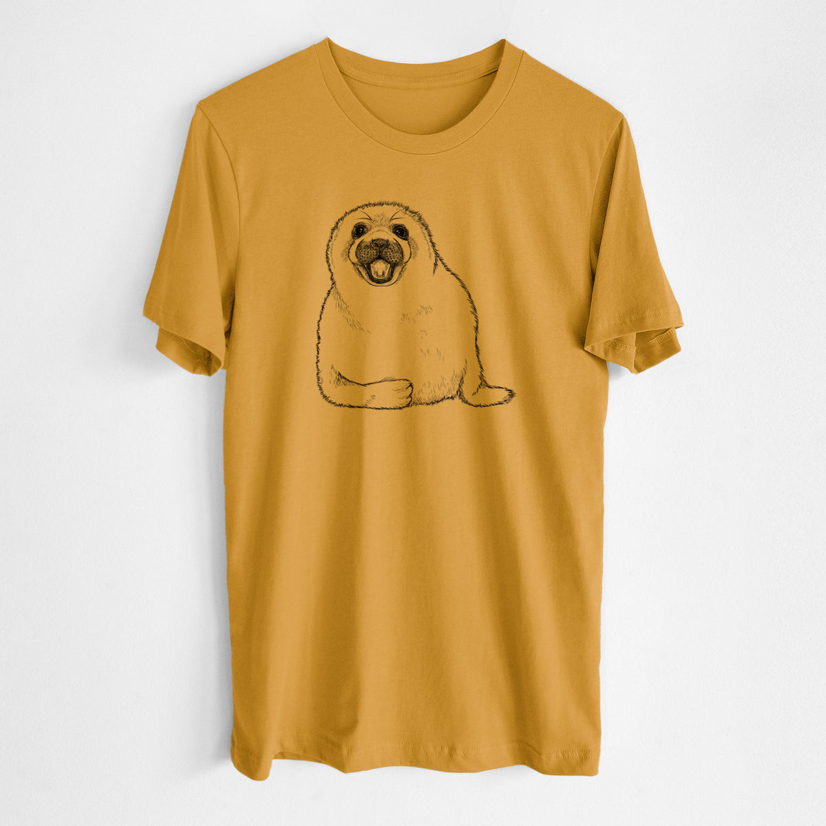 Honeycomb yellow lightweight cotton t-shirt laid flat, printed with a black ink illustration of a smiling harp seal pup lying down.