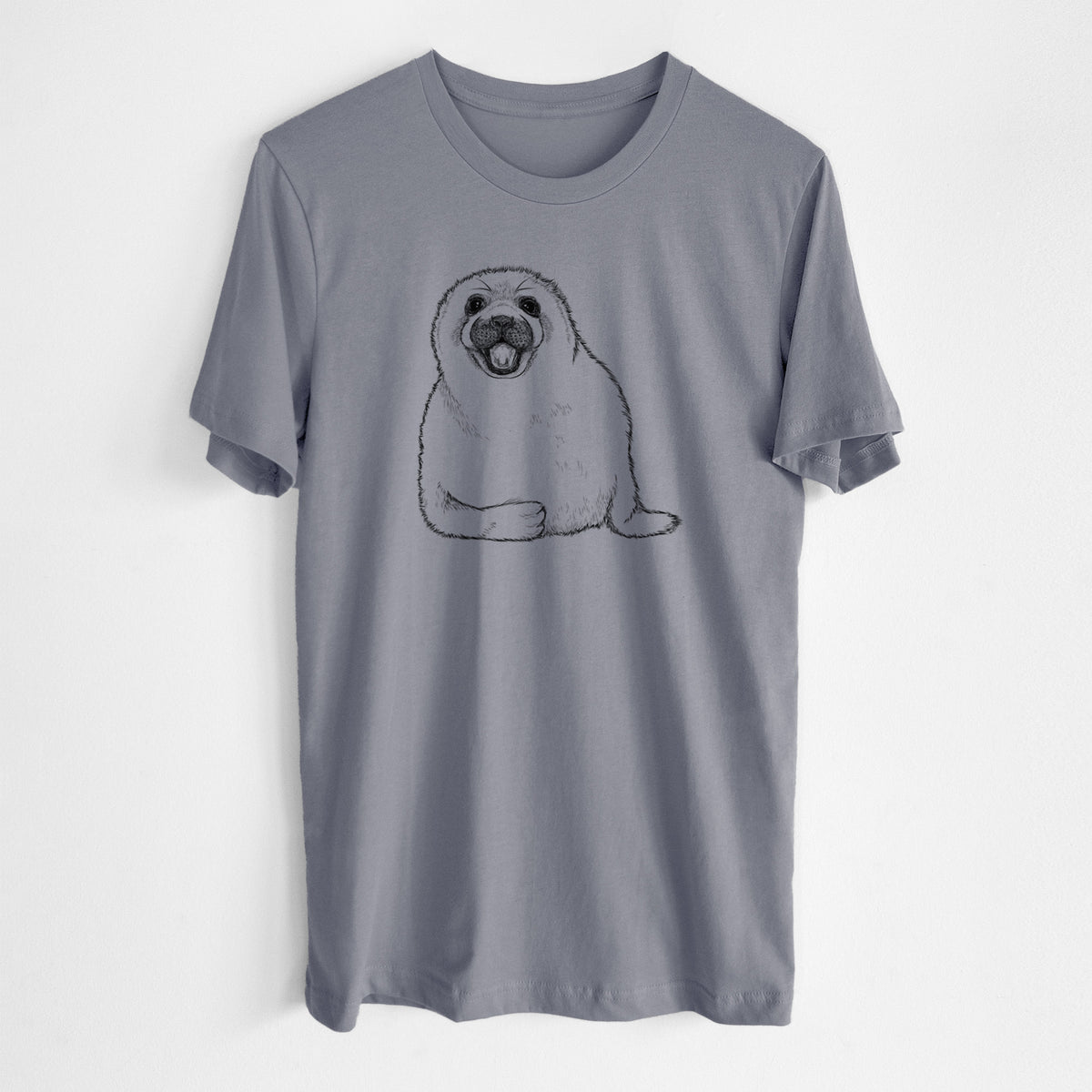 Storm grey lightweight cotton t-shirt laid flat, printed with a black ink illustration of a smiling harp seal pup lying down.