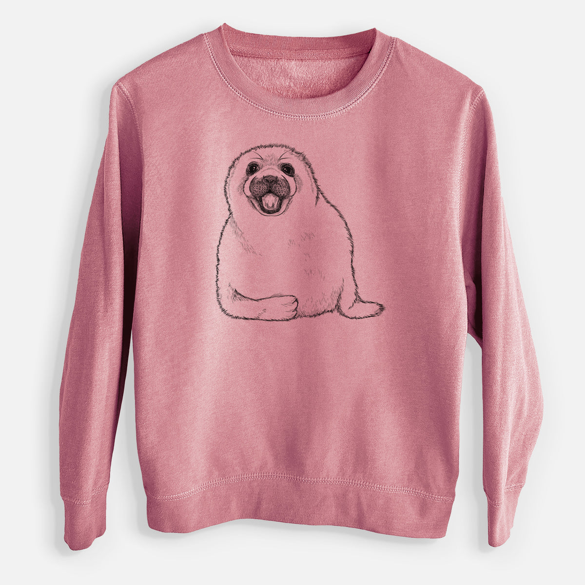 Mauve pink youth crewneck sweatshirt laid flat, printed with a black ink illustration of a smiling harp seal pup lying down.