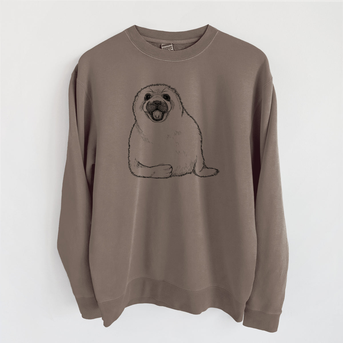 Harp Seal Pup - Pagophilus groenlandicus - Unisex Pigment Dyed Crew Sweatshirt in Espresso Brown Color