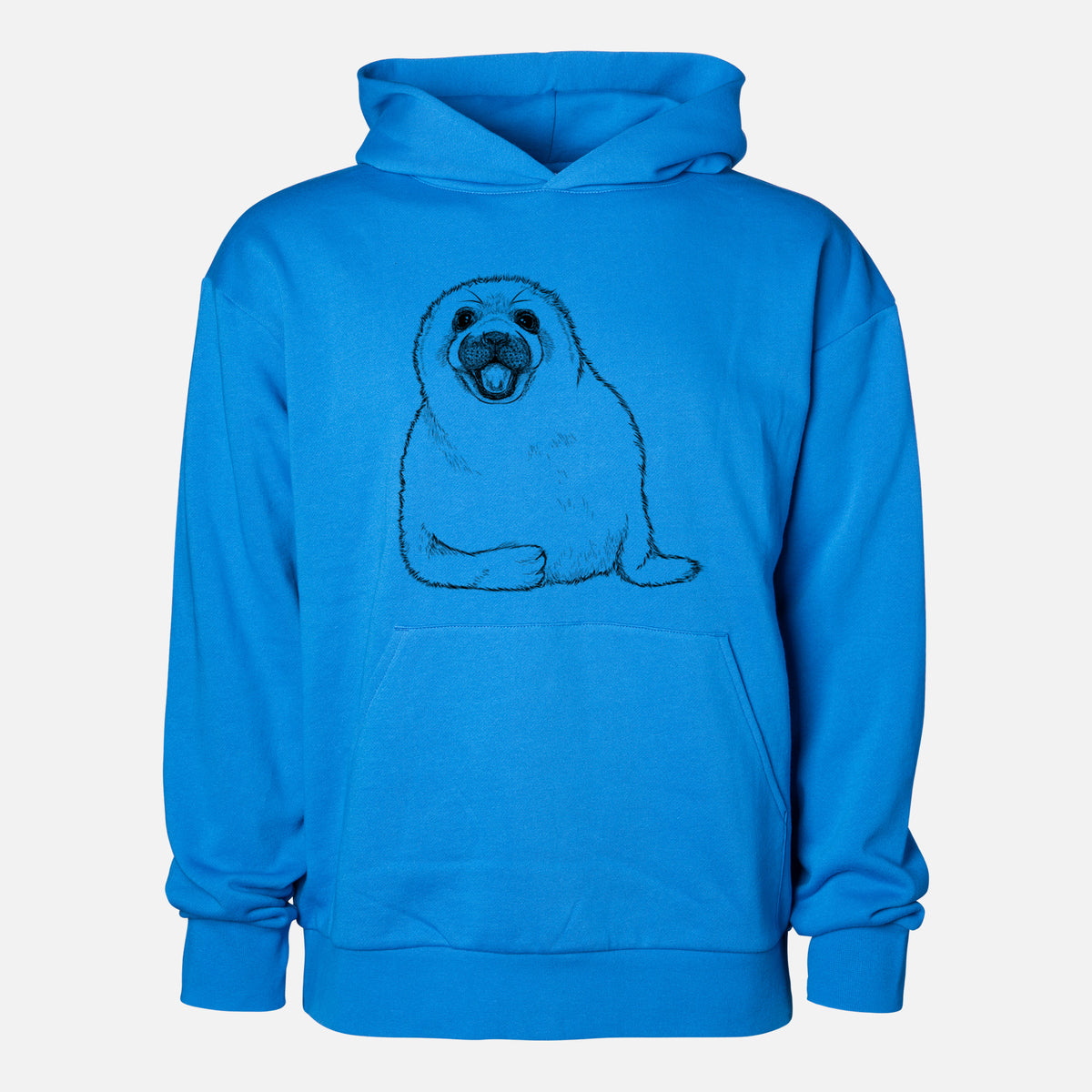 Harp Seal Pup - Pagophilus groenlandicus - Statement Midweight Hoodie in Azure Blue, shown from the front with the design printed on the chest above a front kangaroo pocket.
