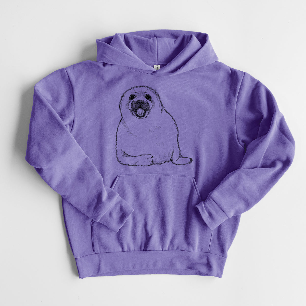 Harp Seal Pup - Pagophilus groenlandicus - Statement Midweight Hoodie in Violet, laid flat, showing the oversized boxy fit and front kangaroo pocket.