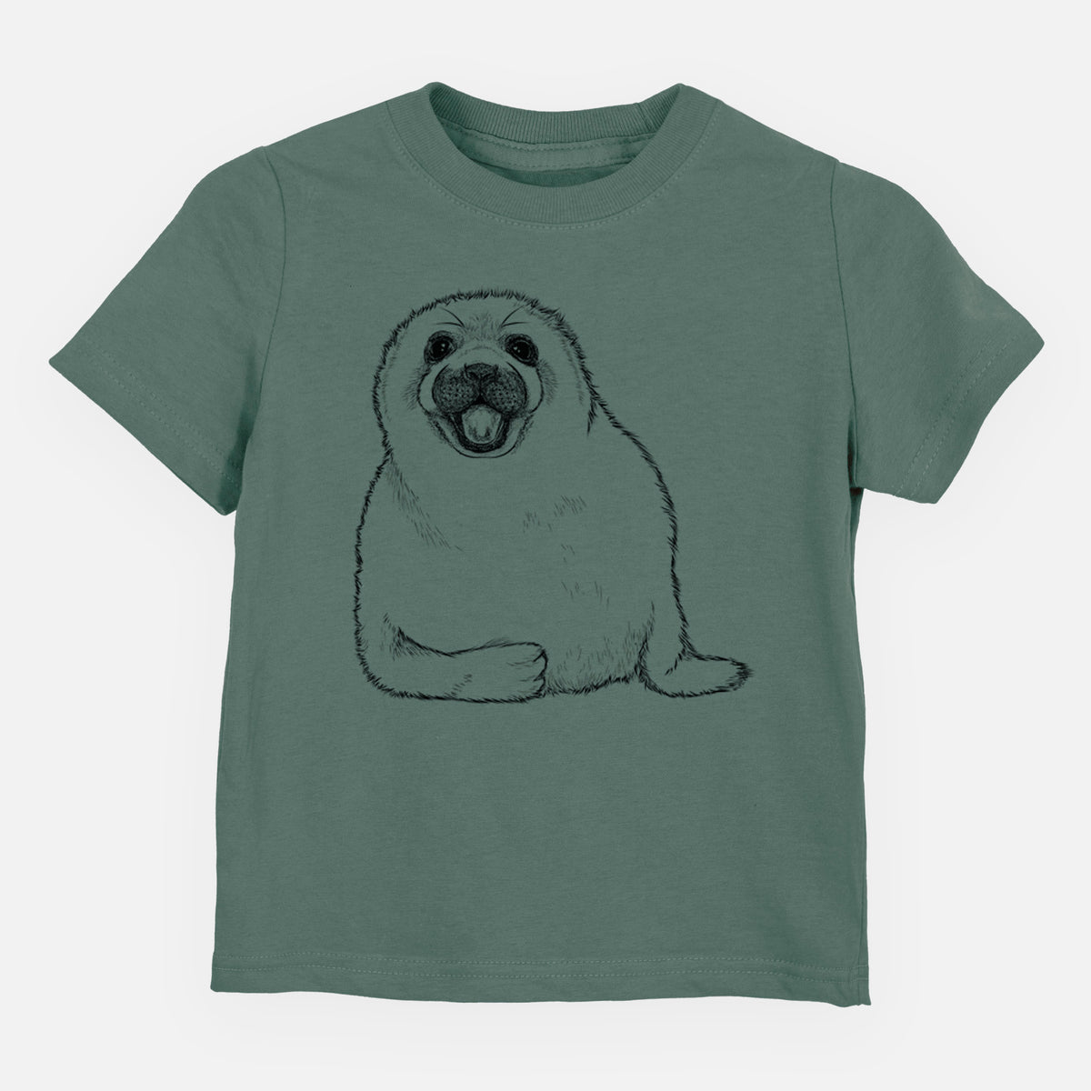 Basil green toddler t-shirt laid flat, printed with a black ink illustration of a smiling harp seal pup lying down.