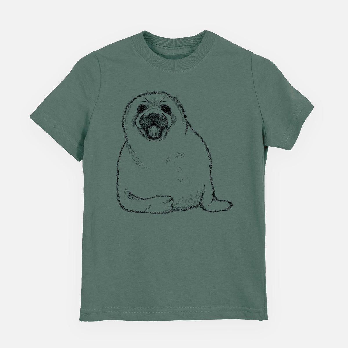 Basil green youth t-shirt laid flat, printed with a black ink illustration of a smiling harp seal pup lying down.