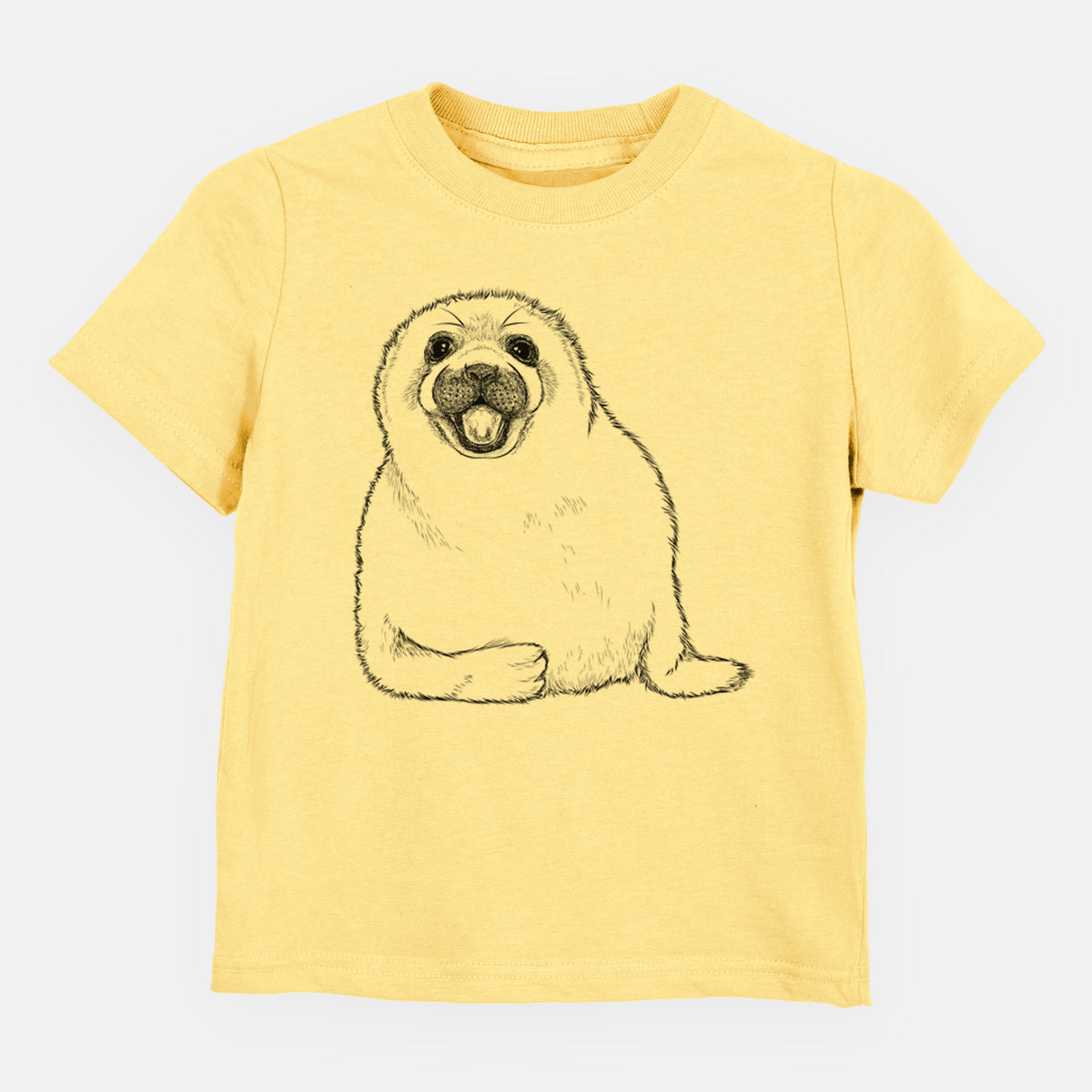 Butter yellow toddler t-shirt laid flat, printed with a black ink illustration of a smiling harp seal pup lying down.