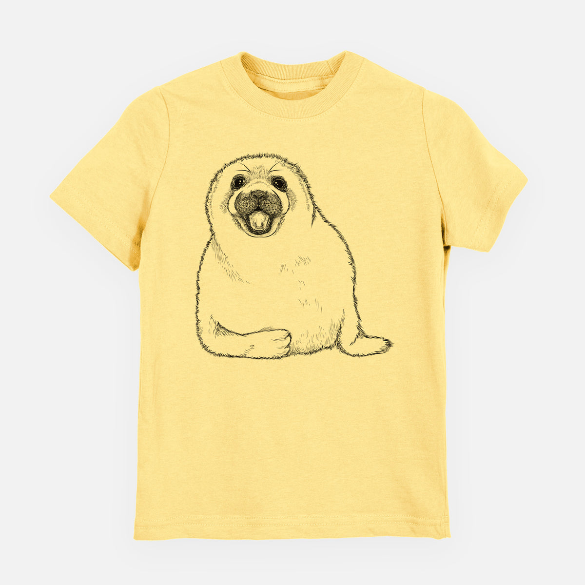 Butter yellow youth t-shirt laid flat, printed with a black ink illustration of a smiling harp seal pup lying down.