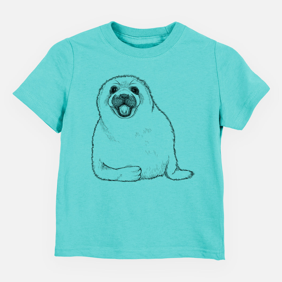 Caribbean blue toddler t-shirt laid flat, printed with a black ink illustration of a smiling harp seal pup lying down.