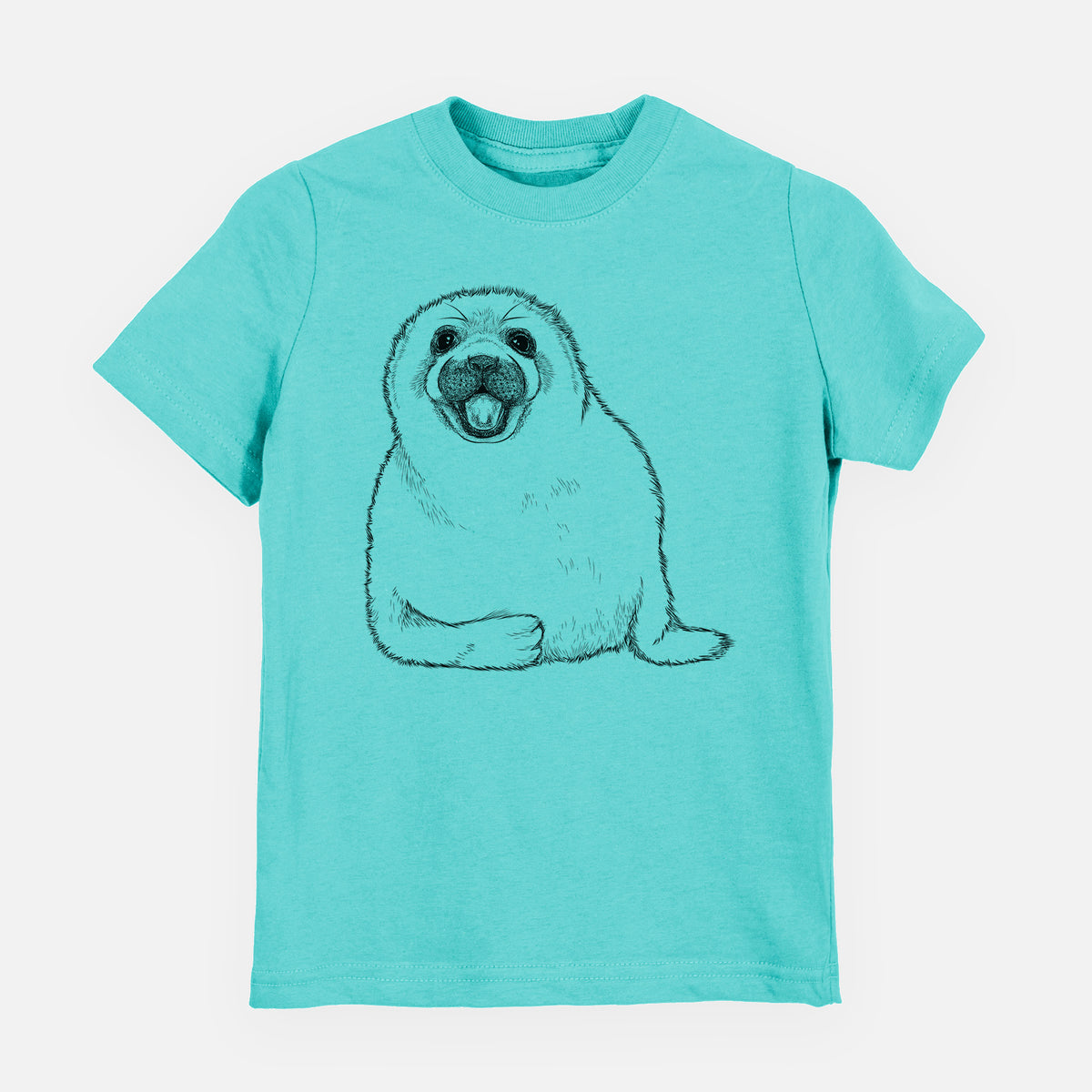 Caribbean blue youth t-shirt laid flat, printed with a black ink illustration of a smiling harp seal pup lying down.