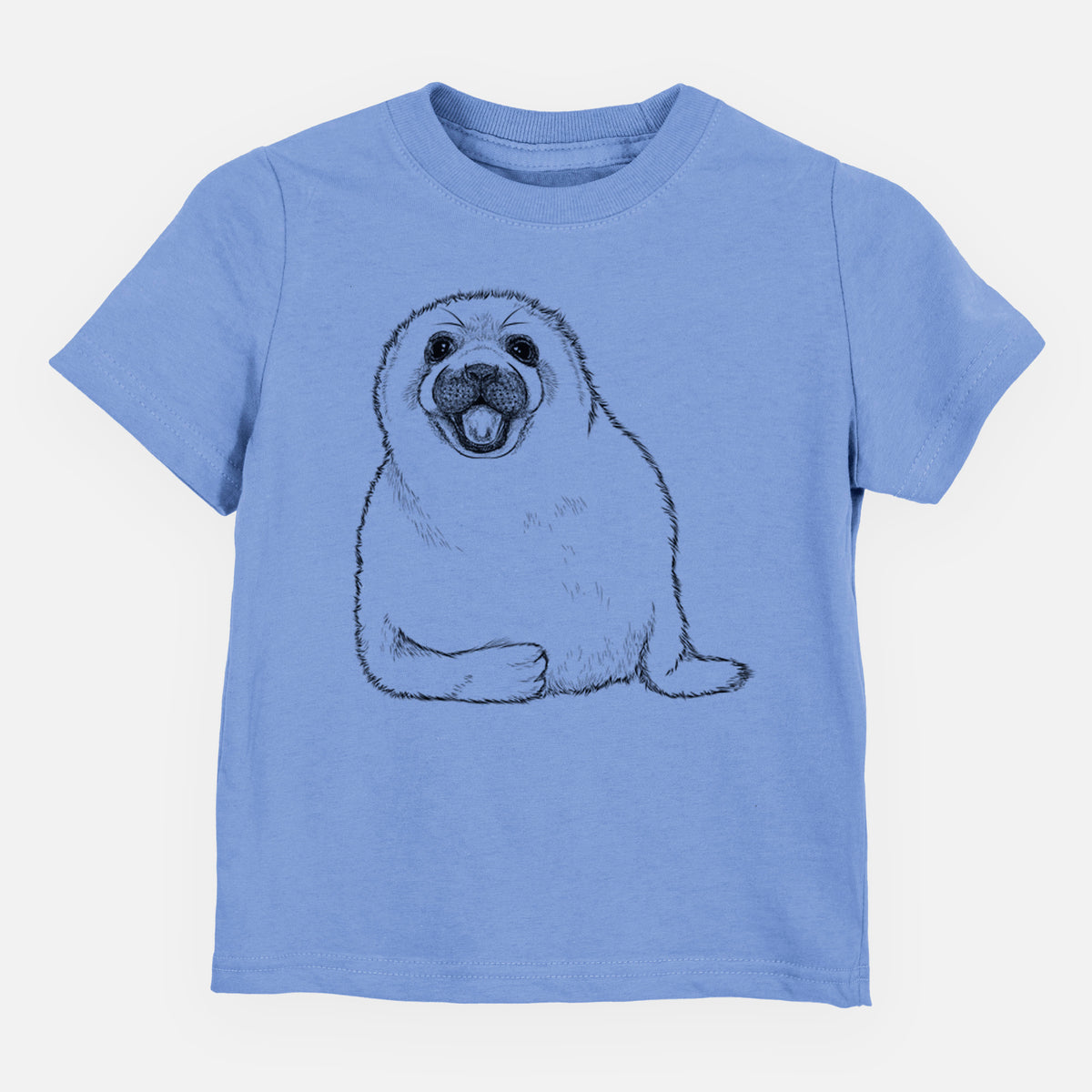 Carolina blue toddler t-shirt laid flat, printed with a black ink illustration of a smiling harp seal pup lying down.