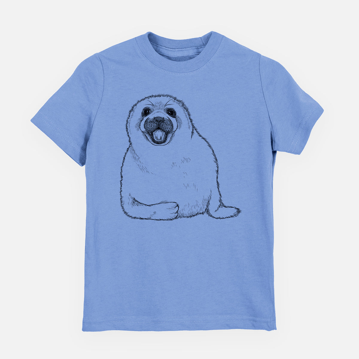 Carolina blue youth t-shirt laid flat, printed with a black ink illustration of a smiling harp seal pup lying down.
