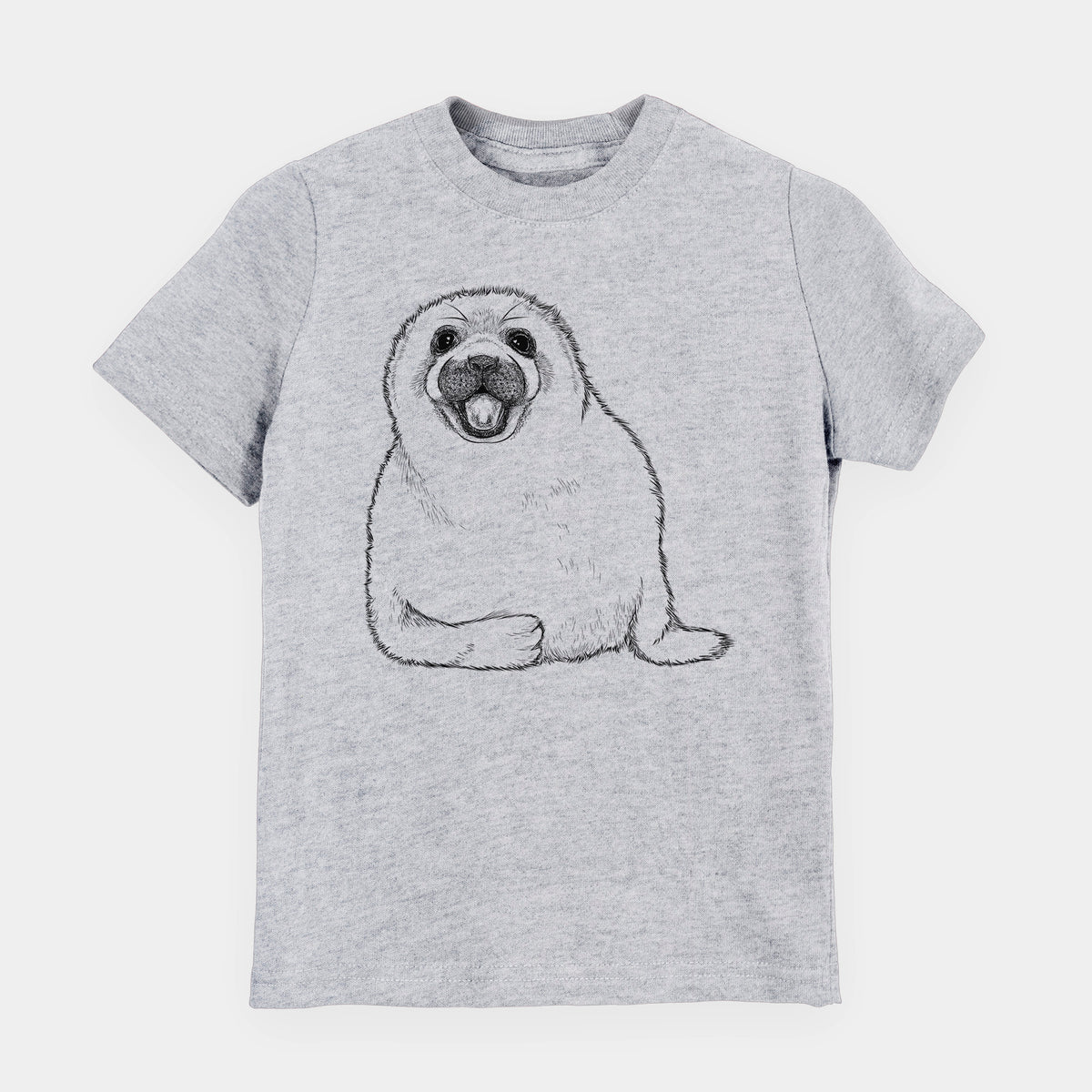 Heather grey youth t-shirt laid flat, printed with a black ink illustration of a smiling harp seal pup lying down.