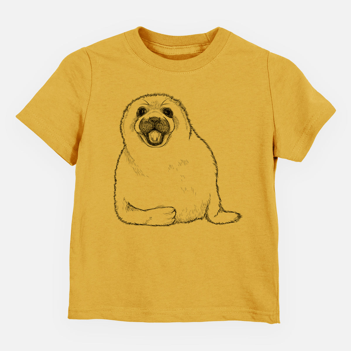 Honeycomb yellow toddler t-shirt laid flat, printed with a black ink illustration of a smiling harp seal pup lying down.