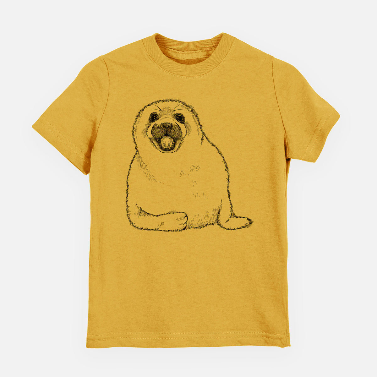Honeycomb yellow youth t-shirt laid flat, printed with a black ink illustration of a smiling harp seal pup lying down.