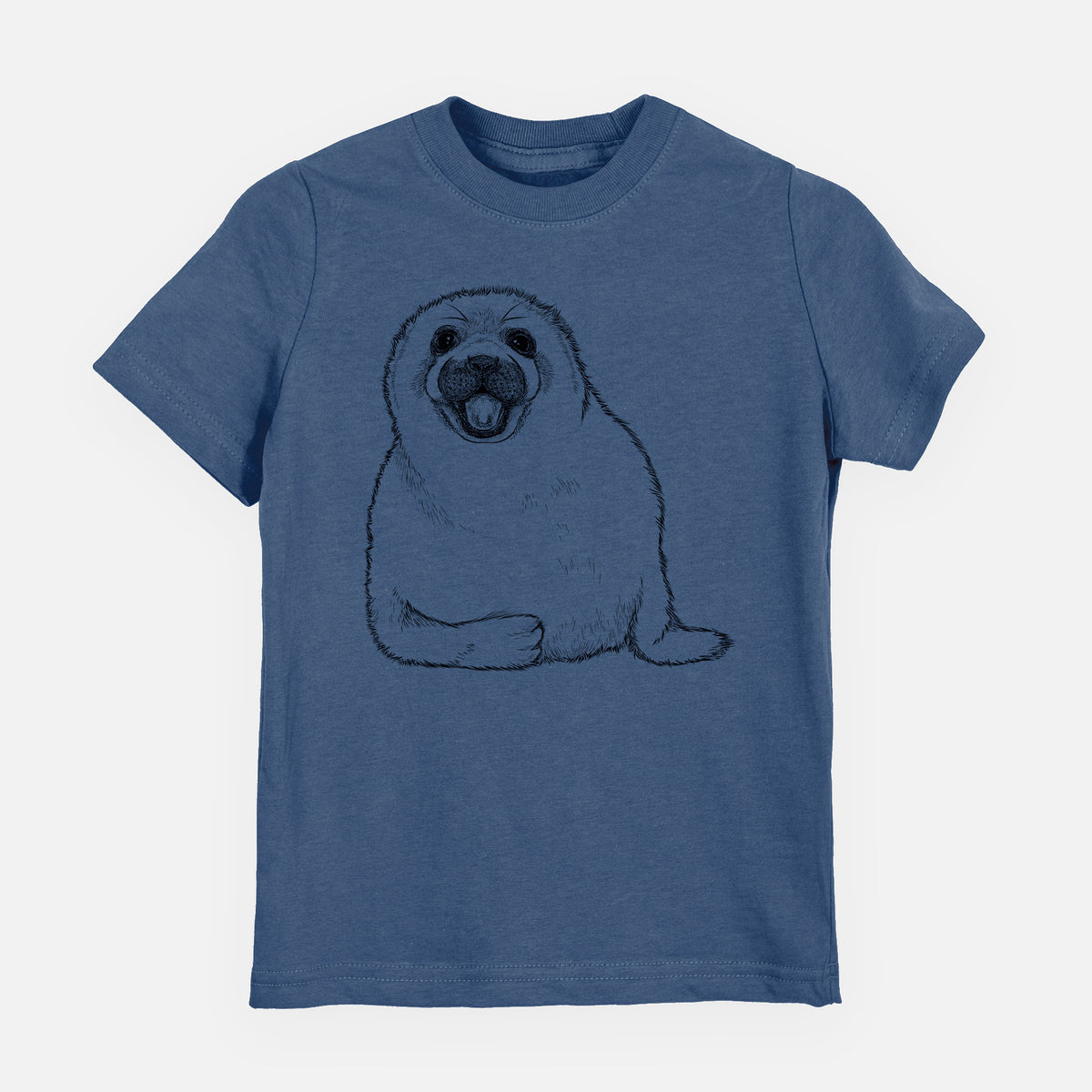 Indigo blue youth t-shirt laid flat, printed with a black ink illustration of a smiling harp seal pup lying down.
