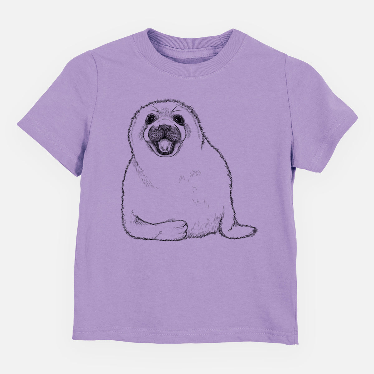 Lavender toddler t-shirt laid flat, printed with a black ink illustration of a smiling harp seal pup lying down.
