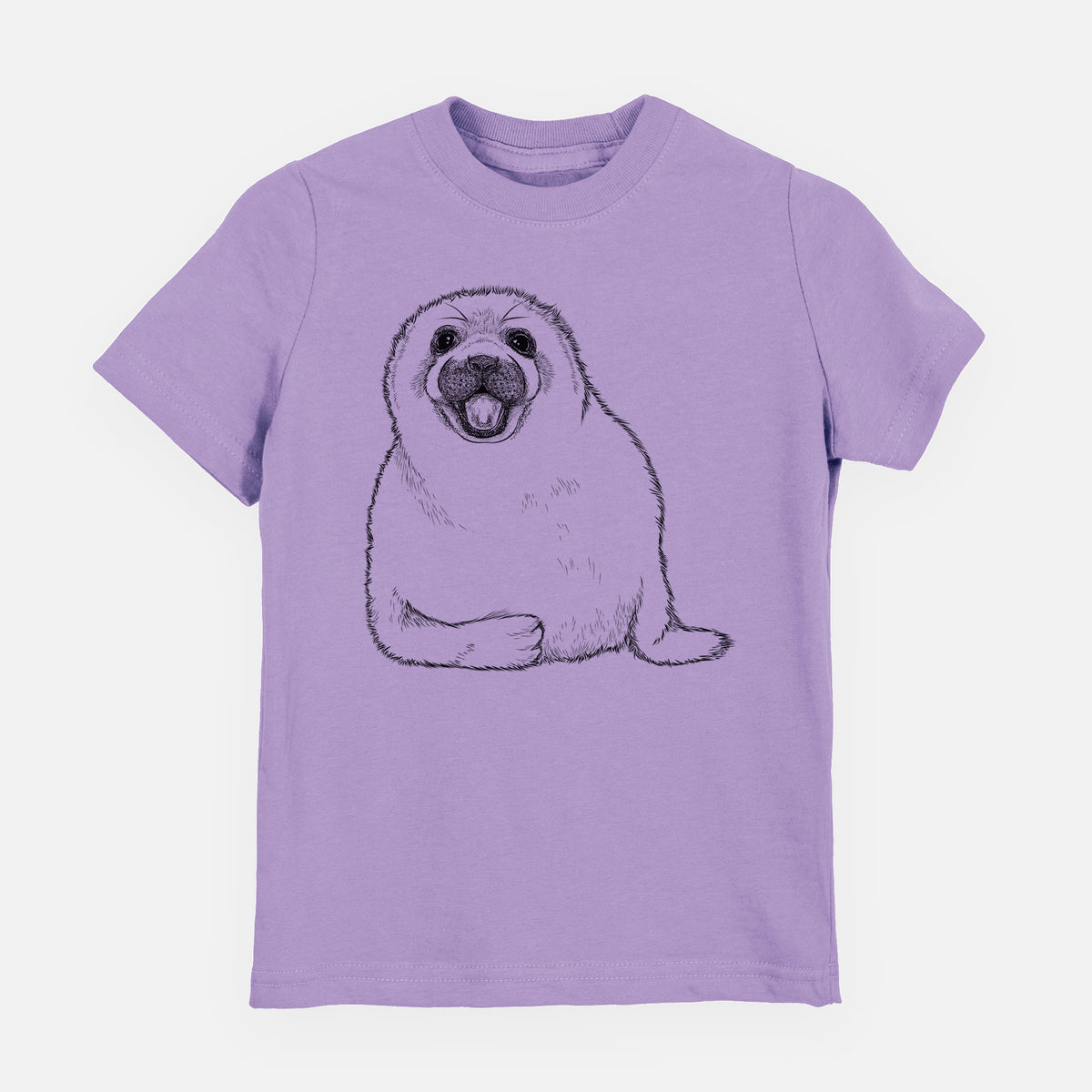Lavender youth t-shirt laid flat, printed with a black ink illustration of a smiling harp seal pup lying down.