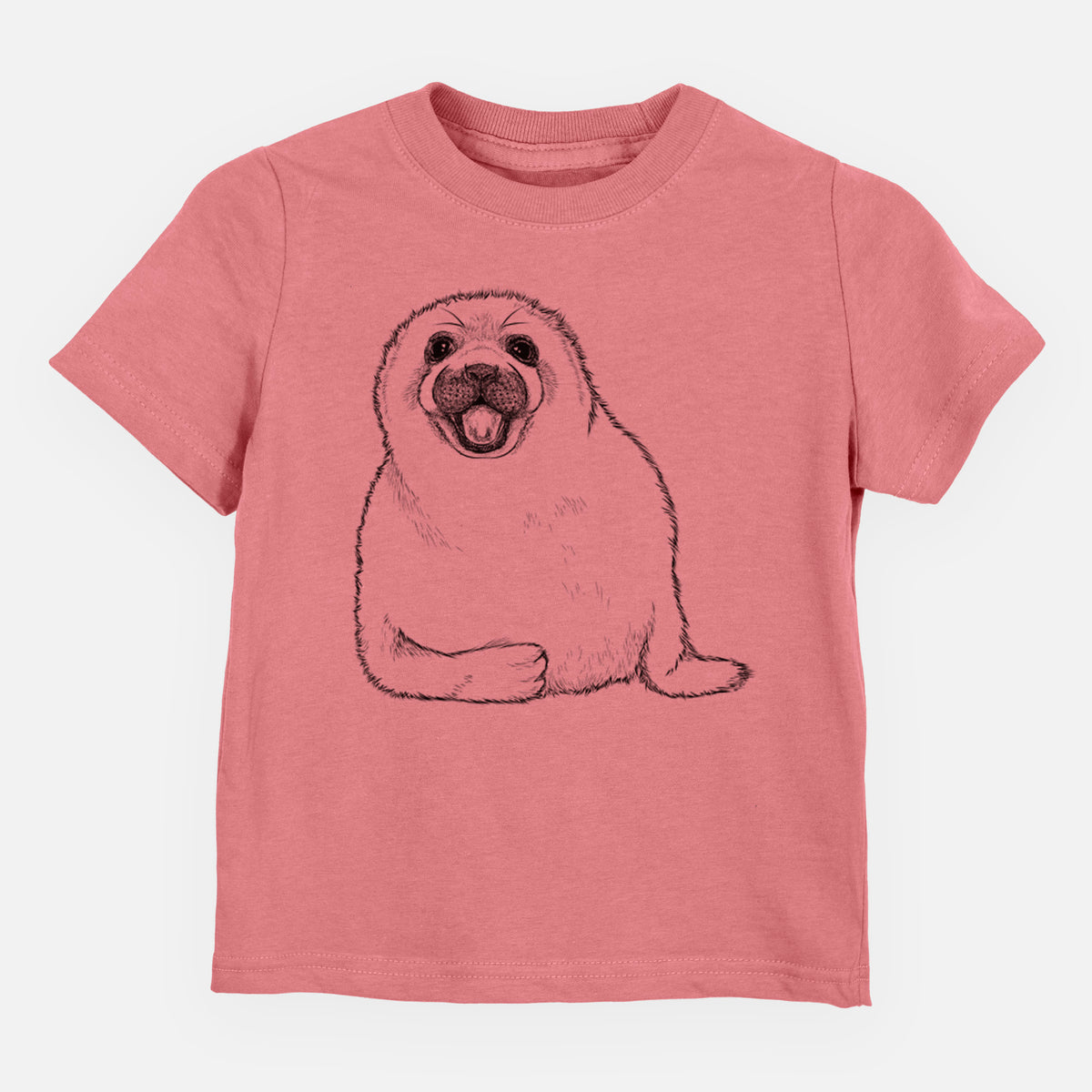 Mauve pink toddler t-shirt laid flat, printed with a black ink illustration of a smiling harp seal pup lying down.