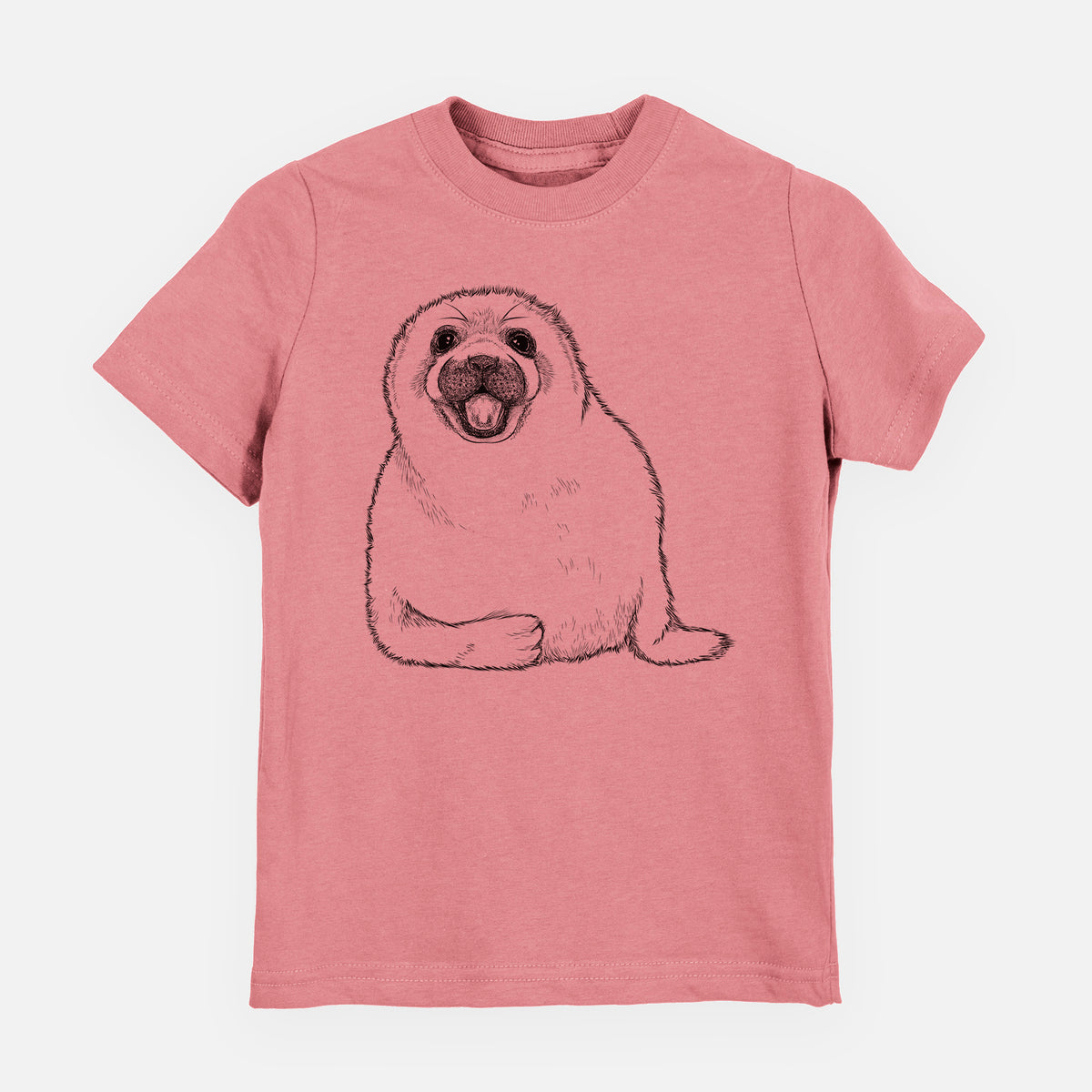 Mauve pink youth t-shirt laid flat, printed with a black ink illustration of a smiling harp seal pup lying down.