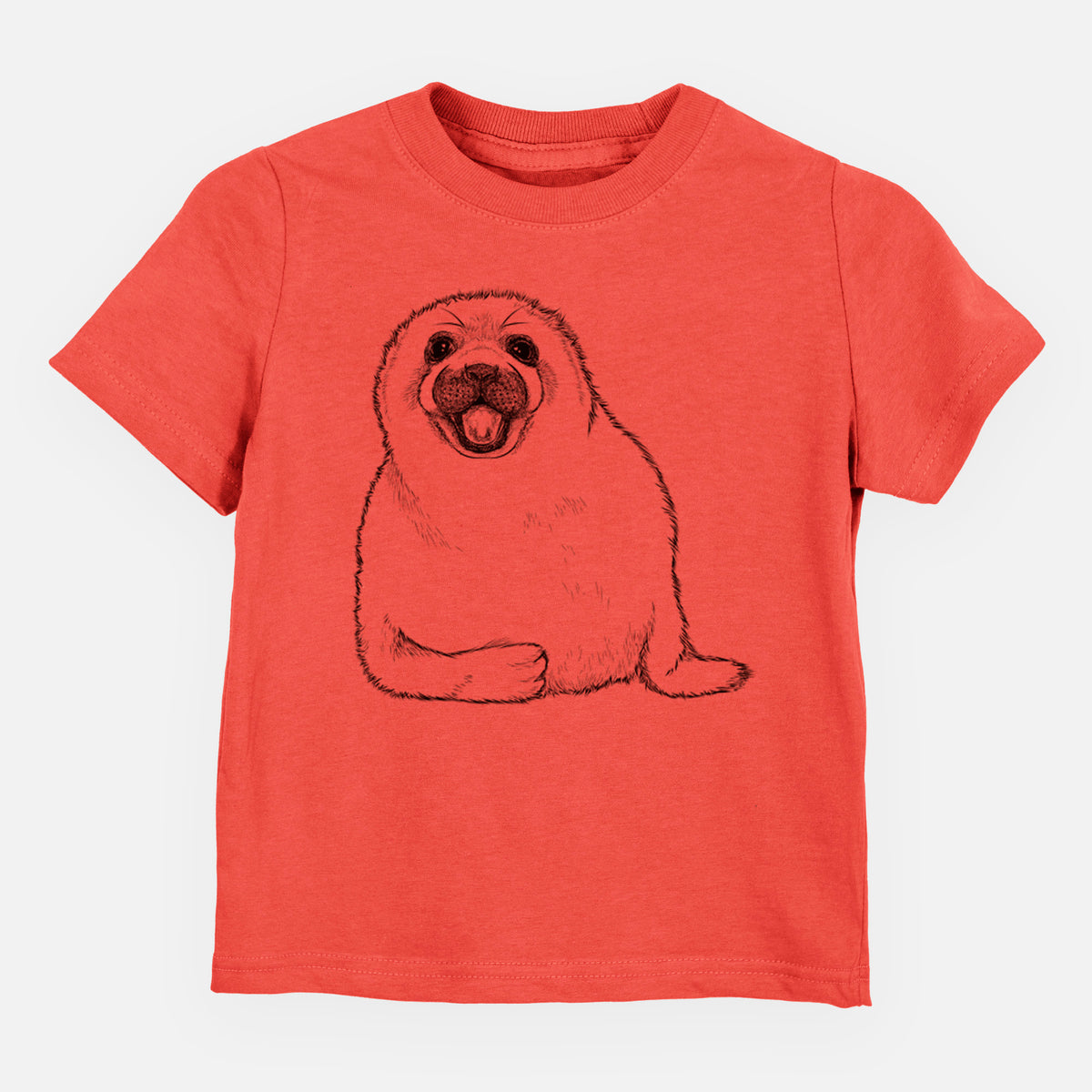 Passionfruit pink toddler t-shirt laid flat, printed with a black ink illustration of a smiling harp seal pup lying down.