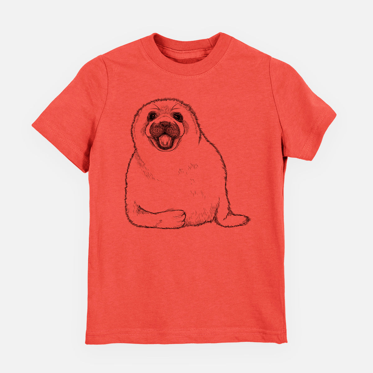 Passionfruit pink youth t-shirt laid flat, printed with a black ink illustration of a smiling harp seal pup lying down.