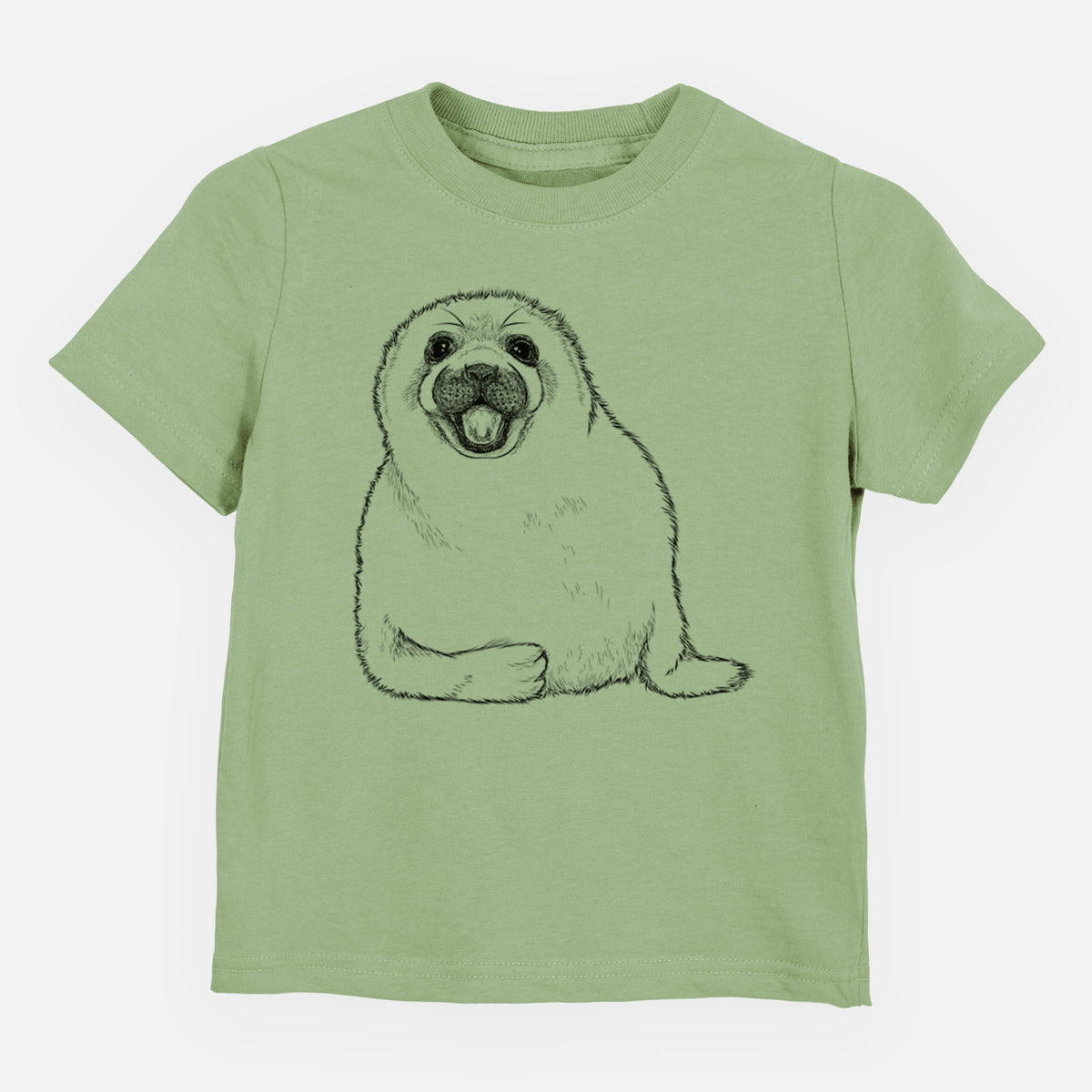 Sage green toddler t-shirt laid flat, printed with a black ink illustration of a smiling harp seal pup lying down.