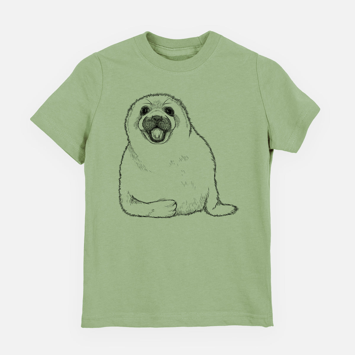 Sage green youth t-shirt laid flat, printed with a black ink illustration of a smiling harp seal pup lying down.