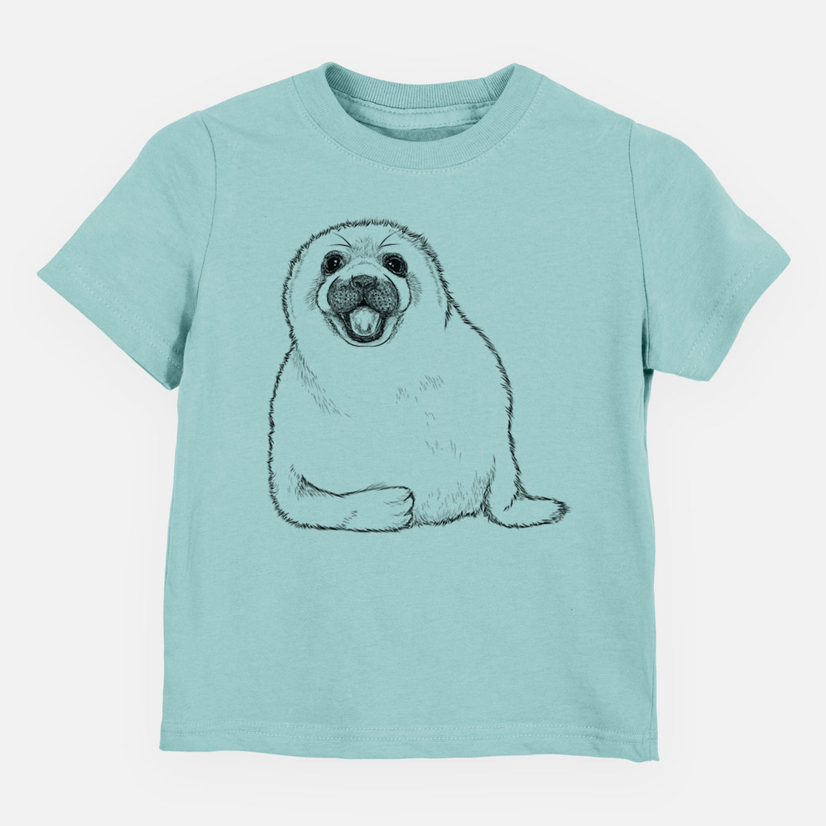Saltwater toddler t-shirt laid flat, printed with a black ink illustration of a smiling harp seal pup lying down.