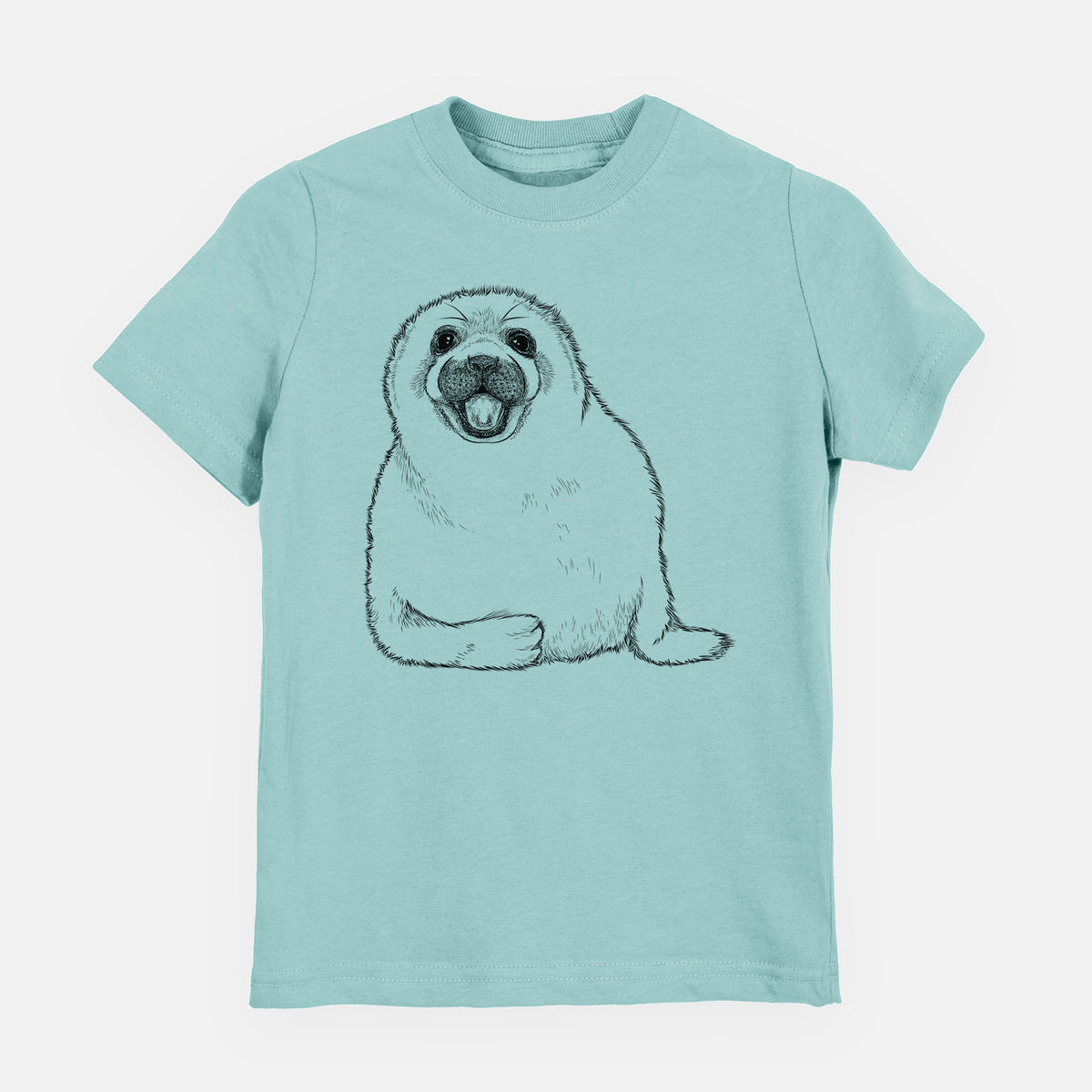 Saltwater youth t-shirt laid flat, printed with a black ink illustration of a smiling harp seal pup lying down.
